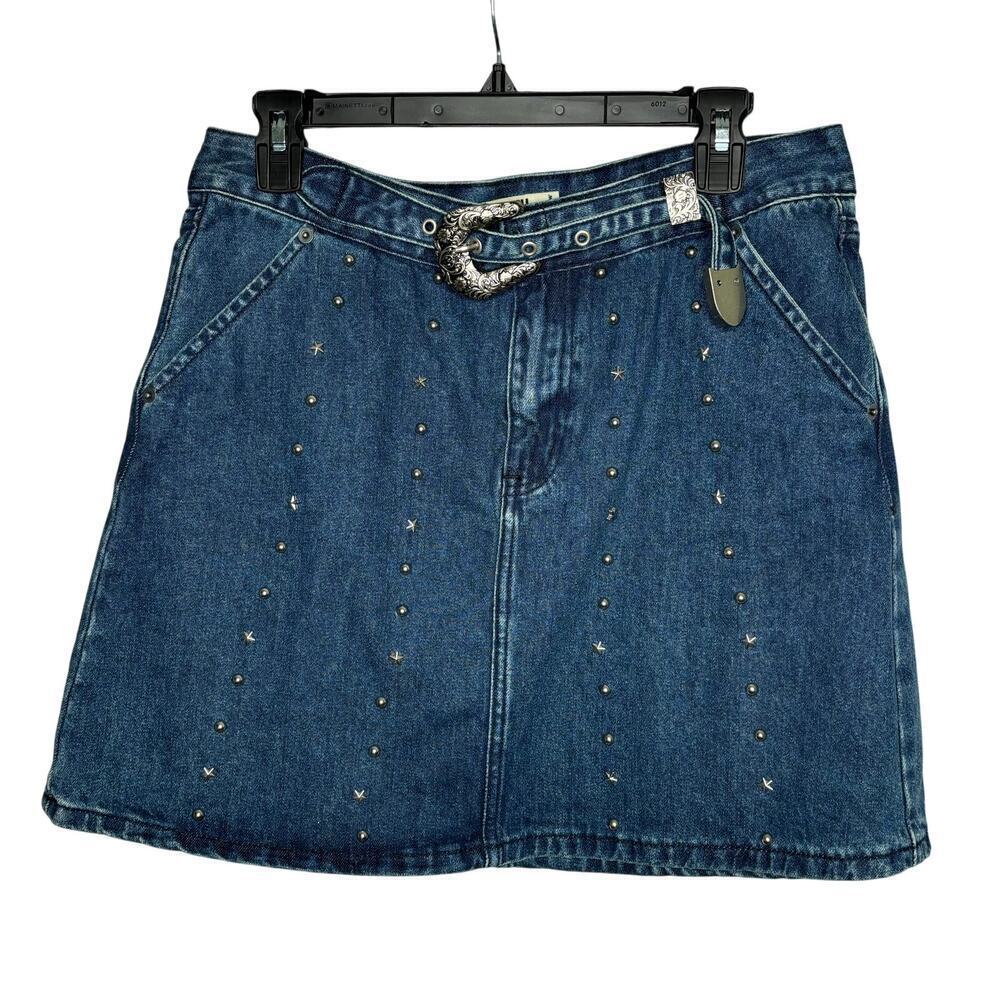 Rock & Roll Denim Studded Silver Western Concert Belt Denim Mini Skirt Size 30